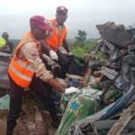 Scene of a fatal road accident involving a Toyota vehicle that plunged off Eruku Bridge along the Lagos-Abeokuta Expressway in Ogun State.