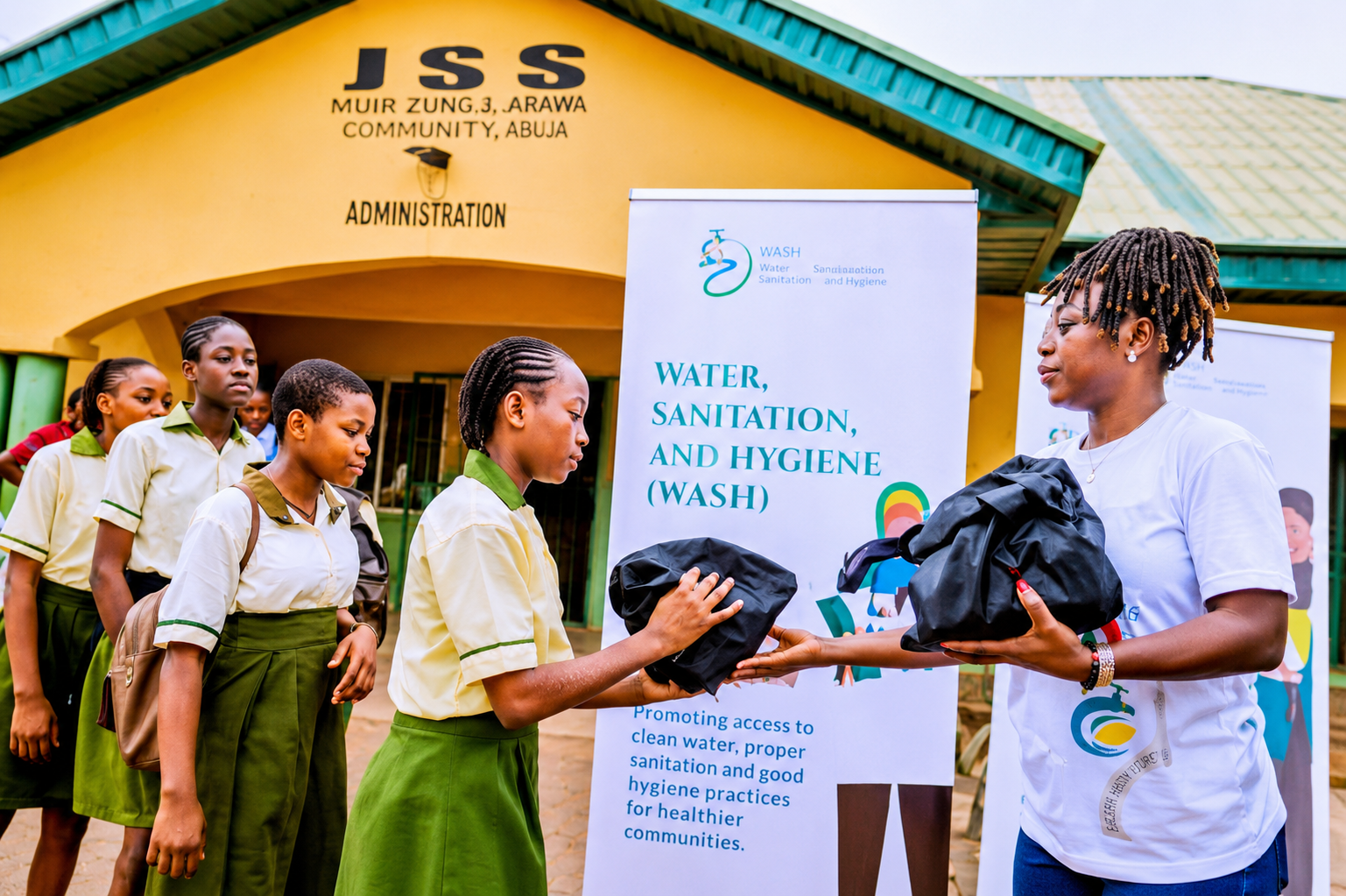 Schoolgirls receiving sanitary pads during a menstrual hygiene outreach in Abuja and Nasarawa