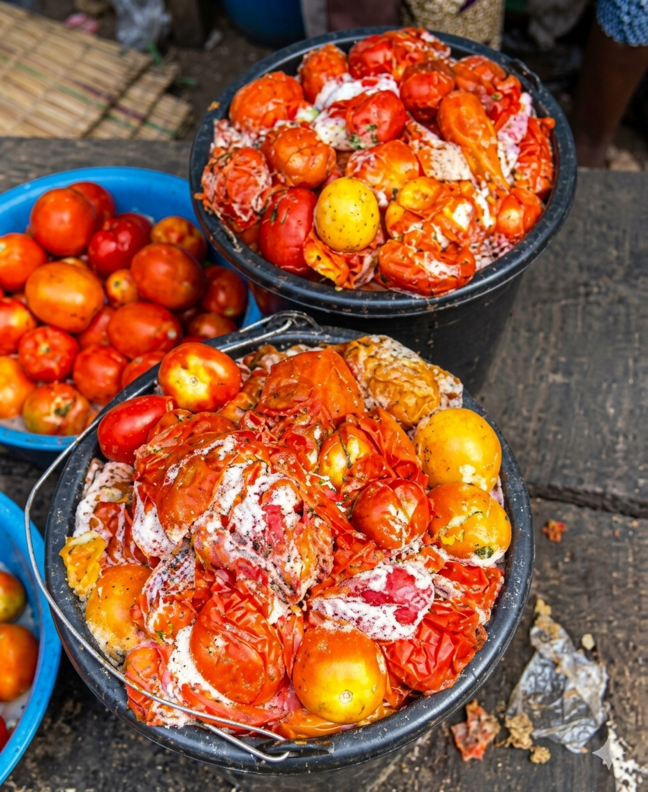 Spoiled fungus-infested tomatoes displayed in a Lagos market
