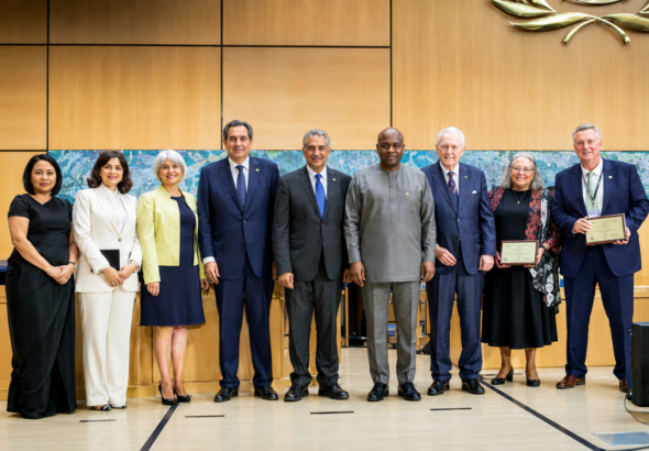 WHO Director-General presenting global health leadership awards in Geneva