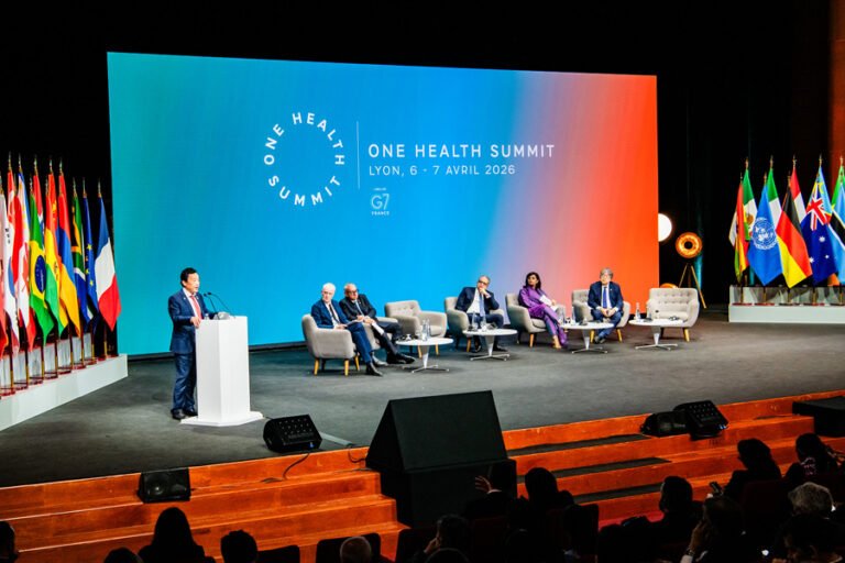 Delegates attend the 2026 One Health Summit in Lyon, France, discussing disease surveillance, antimicrobial resistance, climate-related health risks and global health security.