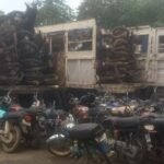 Lagos Task Force officials impound commercial motorcycles during enforcement operations.
