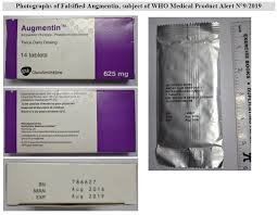 Boxes of Augmentin tablets displayed during a counterfeit medicine warning