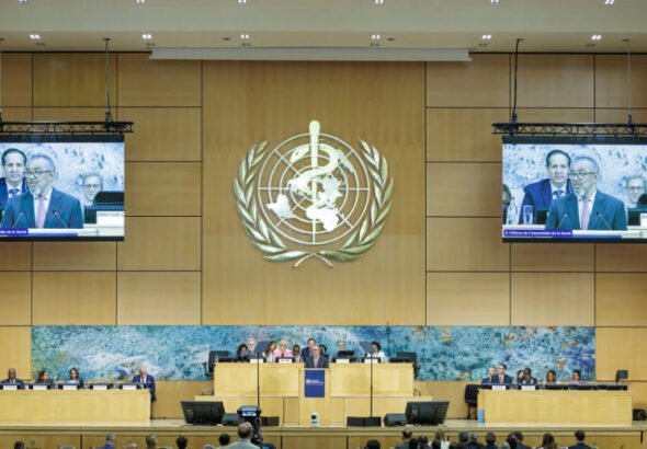 World Health Organization headquarters and digital health policy concept illustrating AI governance.