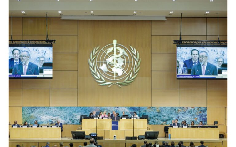 World Health Organization headquarters and digital health policy concept illustrating AI governance.