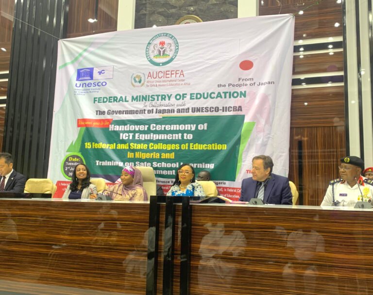 Officials at the handover of ICT equipment donated by Japan to support teacher training institutions in Nigeria.