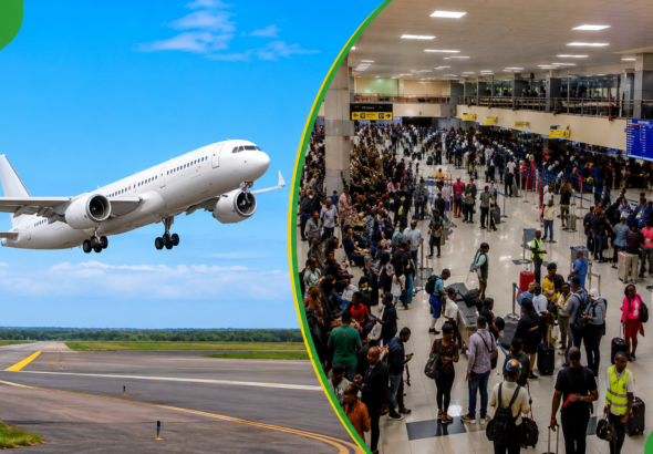 Passengers waiting at a domestic terminal in Nigeria amid flight delays and operational disruptions.