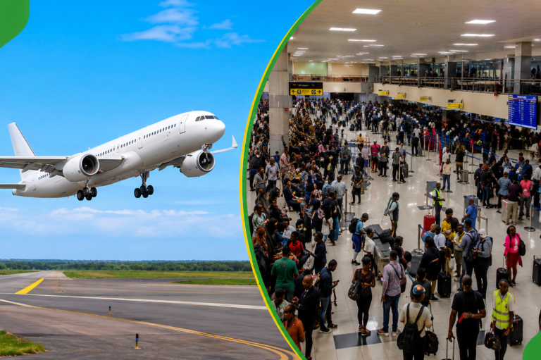 Passengers waiting at a domestic terminal in Nigeria amid flight delays and operational disruptions.