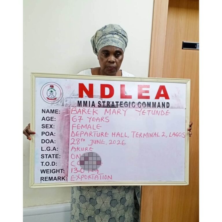 NDLEA officers display cocaine concealed inside fake plantain peels seized at Lagos airport.