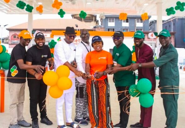 A customer uses Nigeria's first self-service fuel station launched by Sunbeth Energies in Lagos.