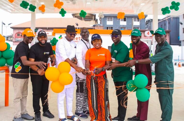 A customer uses Nigeria's first self-service fuel station launched by Sunbeth Energies in Lagos.