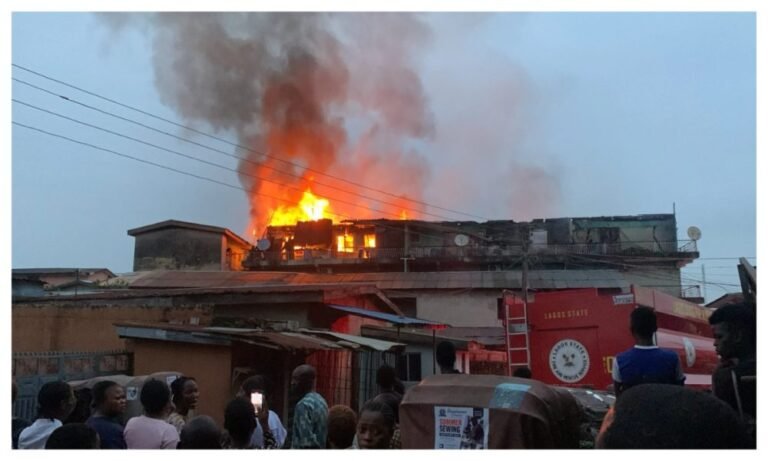 Emergency responders battling a residential building fire in Ketu-Ikosi, Lagos.