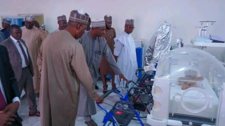 Governor Babagana Zulum inspecting donated medical equipment at the University of Maiduguri Teaching Hospital.