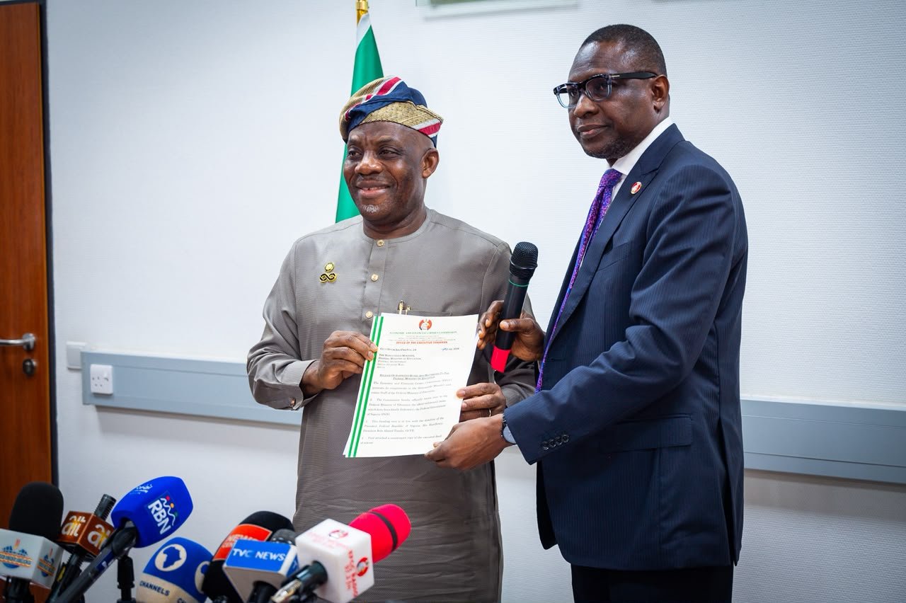 Education Minister Tunji Alausa receives recovered assets from the EFCC for distribution to Nigerian schools.