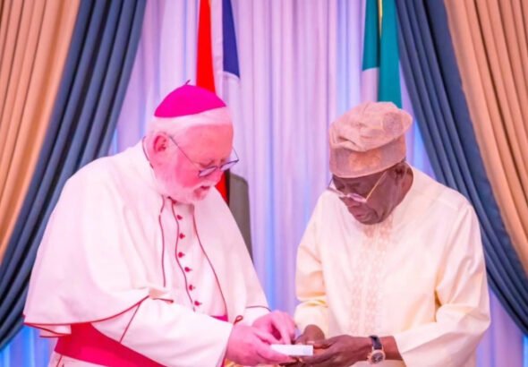 President Bola Tinubu receives Archbishop Paul Gallagher at the Presidential Villa.