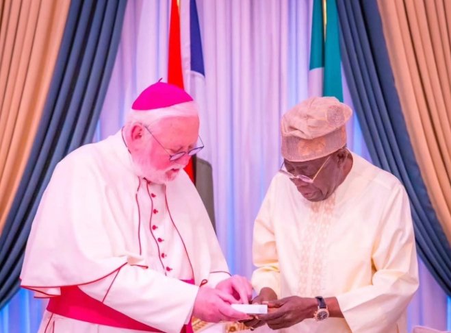 President Bola Tinubu receives Archbishop Paul Gallagher at the Presidential Villa.