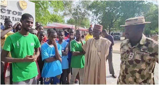 Nigerian troops securing the Federal Government Girls College in Monguno after foiling an ISWAP attack.