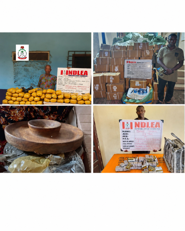 NDLEA officers display cocaine concealed inside a wooden mortar and modified backpack intercepted before shipment overseas.