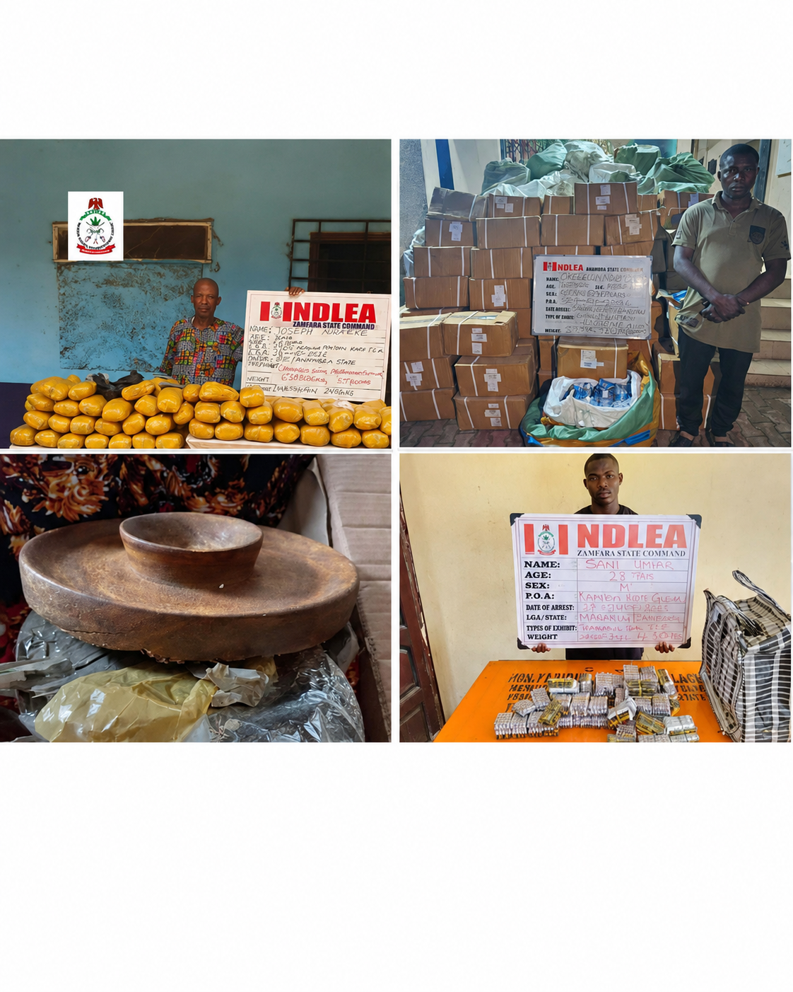 NDLEA officers display cocaine concealed inside a wooden mortar and modified backpack intercepted before shipment overseas.