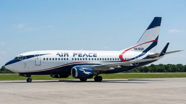 Air Peace aircraft at an airport as aviation unions begin picketing