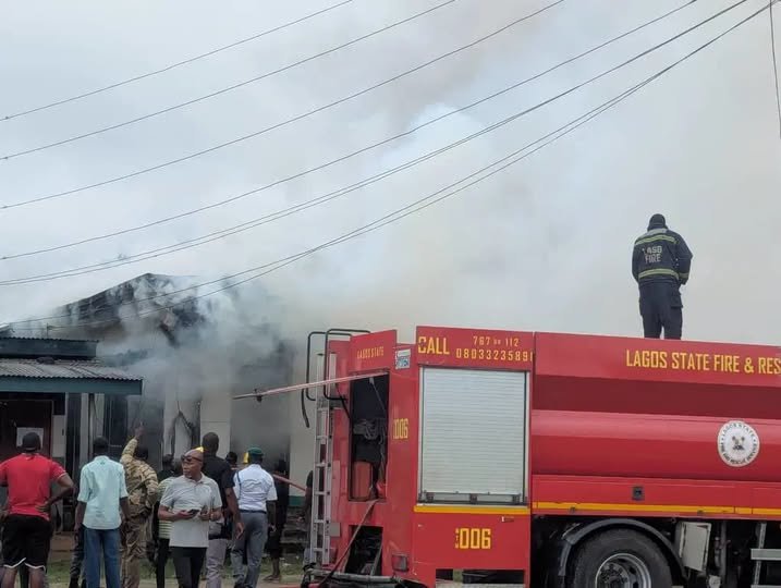 Firefighters battle a blaze at the Customs Western Marine Command office in Apapa, Lagos