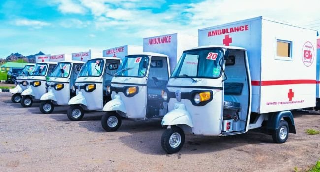 Federal and Plateau State officials unveil ambulances during the launch of the National Trauma Centre in Riyom.