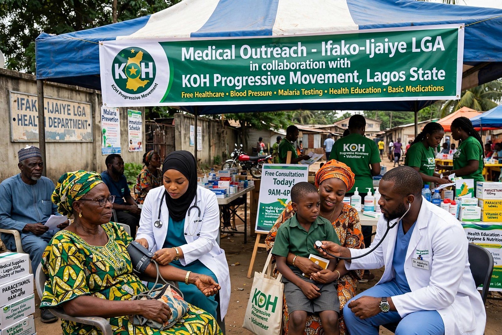 Health workers attend to residents during a free community health outreach in Ifako-Ijaiye, Lagos