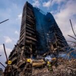 Fire-damaged Great Nigeria Insurance House on Lagos Island ahead of demolition.