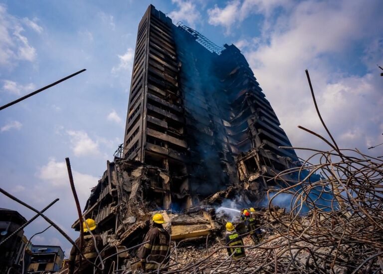 Fire-damaged Great Nigeria Insurance House on Lagos Island ahead of demolition.