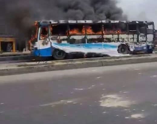 Charred remains of a BRT bus reportedly set ablaze after a fatal motorcycle crash at Ogolonto, Lagos.