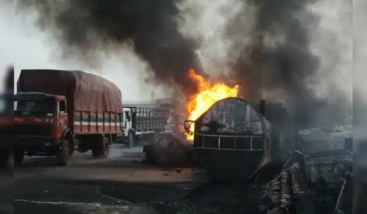 Fire damage at the scene of a petrol tanker inferno along the Benin-Lagos Highway in Oluku, Edo State.